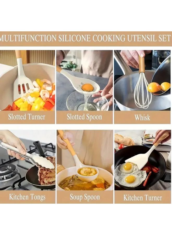 Black Silicone Kitchen Utensil Set With Wooden Grips Heat Resistant Dishwasher Safe - Image 4